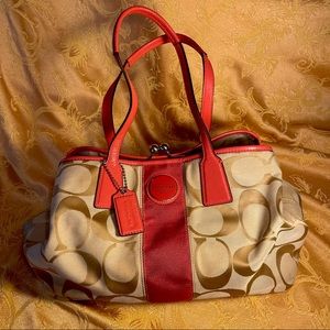 Coach Pink and Tan Canvas Framed Carryall Satchel